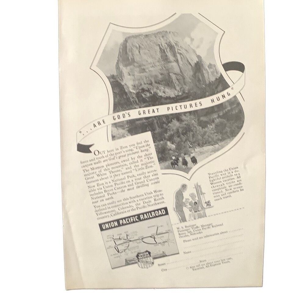 Vintage 1936 Union Pacific Great Pictures Hung Ad Advertisement